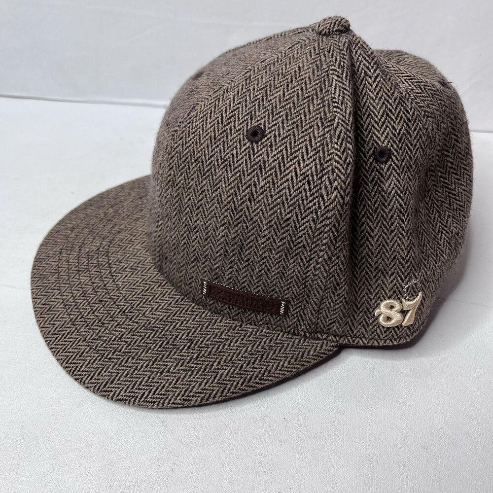 Krew Original Brown Herringbone Wool Blend Flat Brim Fitted Cap Hat 87 One Size